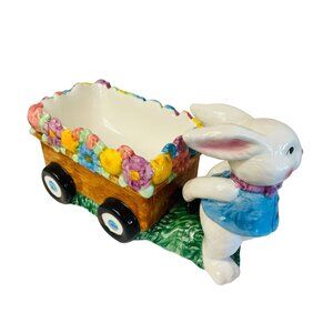 Figi Graphics‎ 1998 Bunny Pulling Wagon Ceramic Planter Hand Wash Only 9" x 4" x